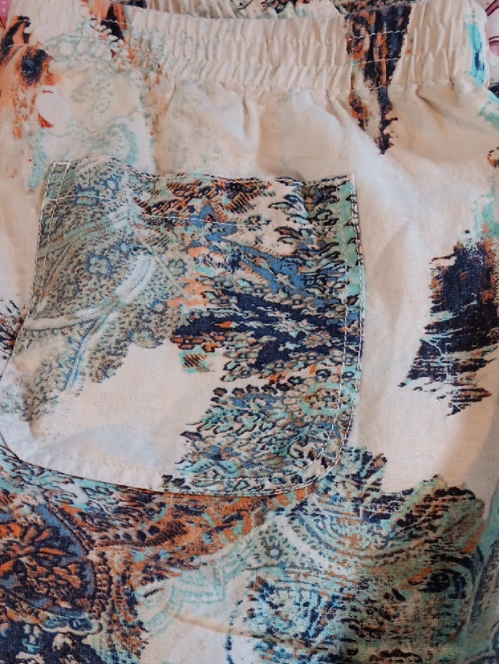 Chico's Cream Pants with Blue and Turquoise Paisley Print